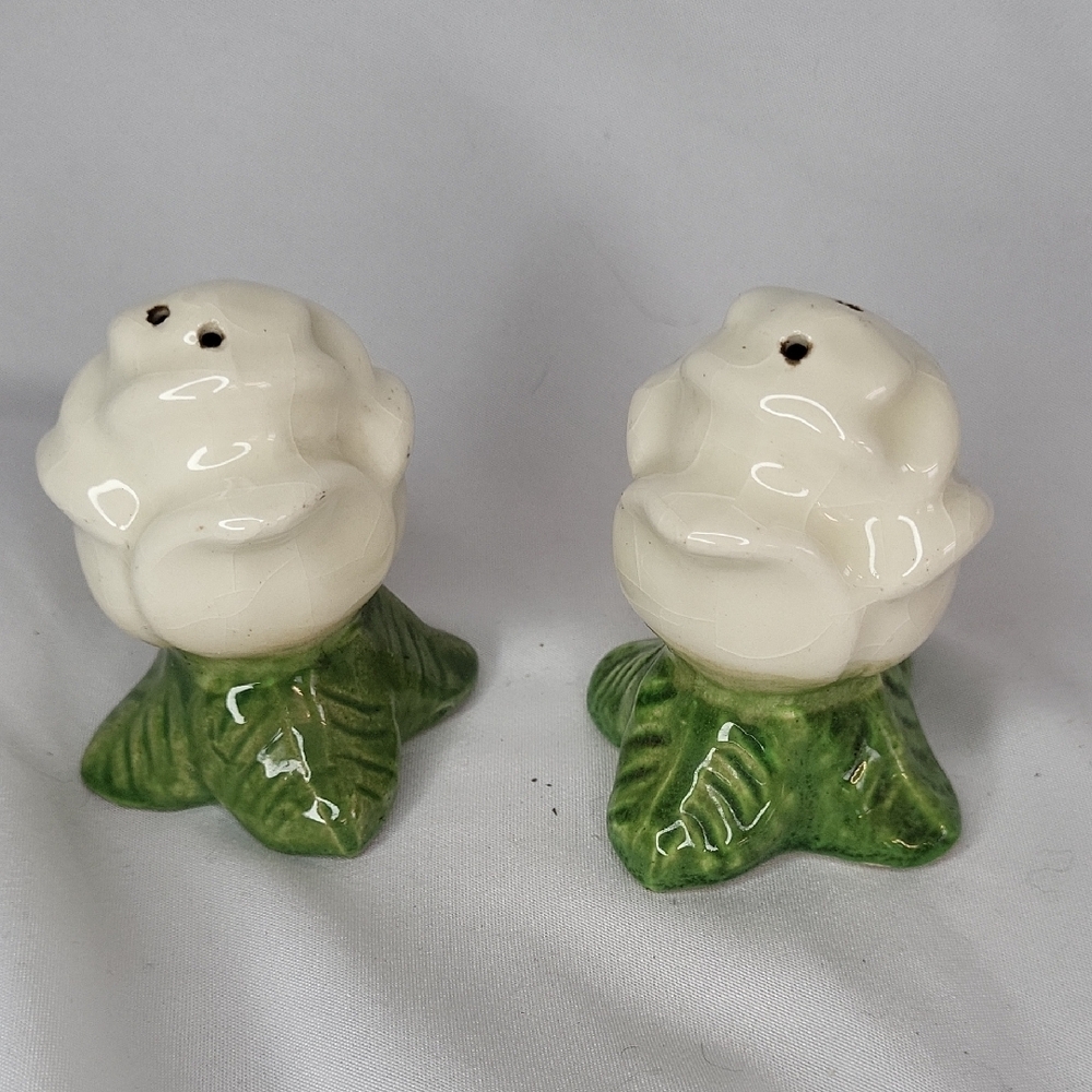 Ceramic Rose Salt and Pepper Shakers - White and Green no stoppers